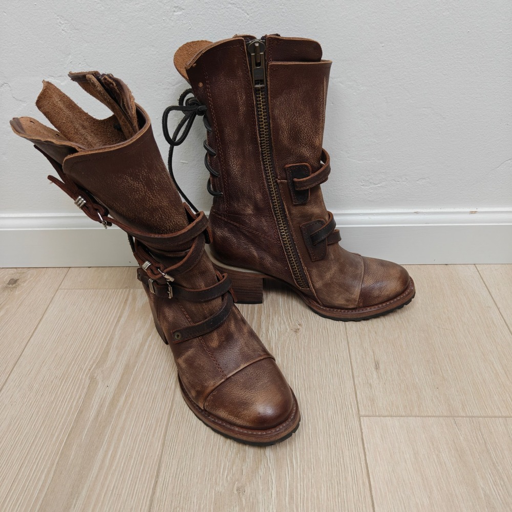 Freebird Cora Womens Boots 8 Brown Distressed Leather Strappy Buckle Moto - Picture 5 of 12